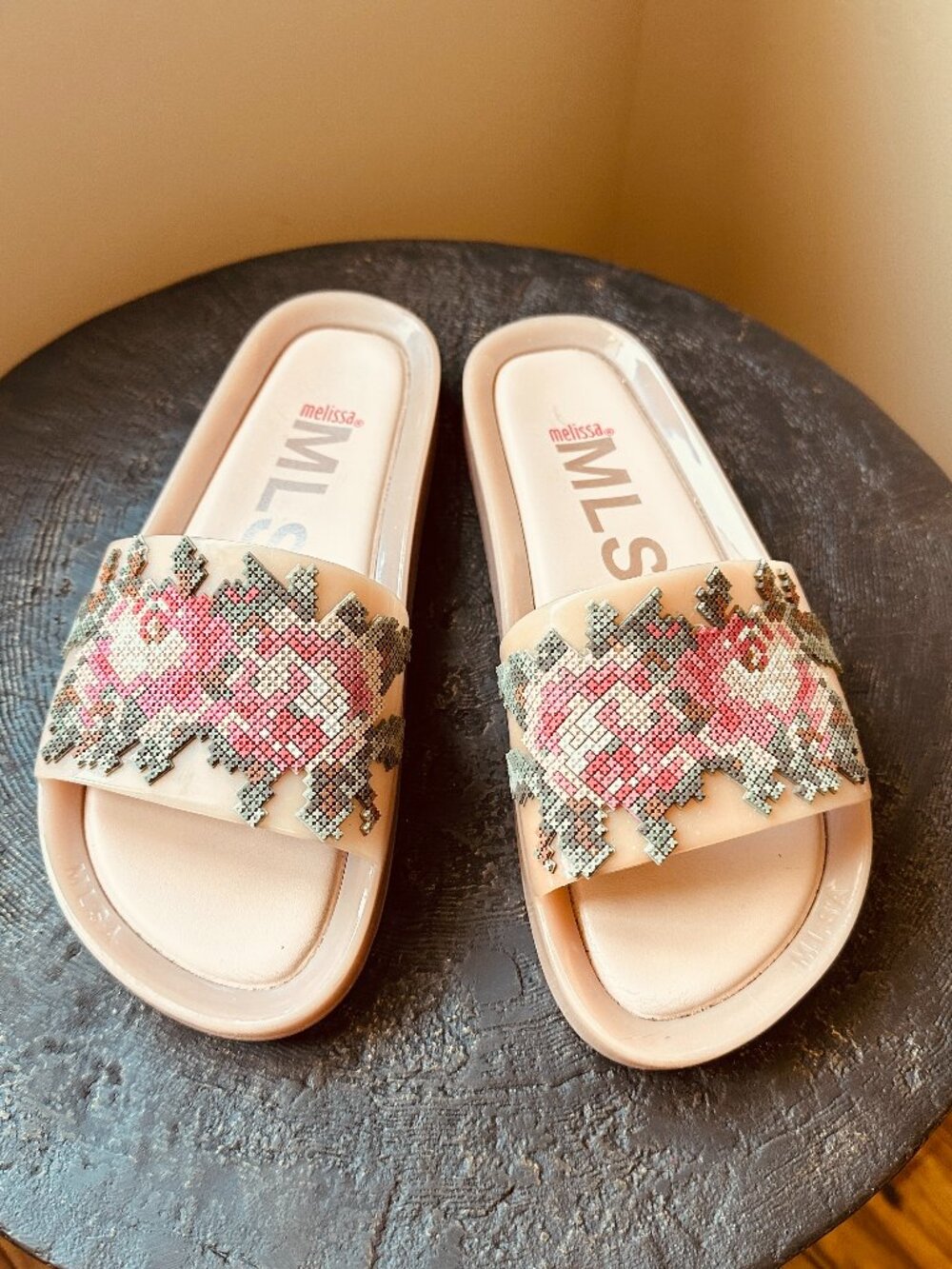 MELISSA SLIDES PINK CROSS STITCH FLOWERS SIZE 8